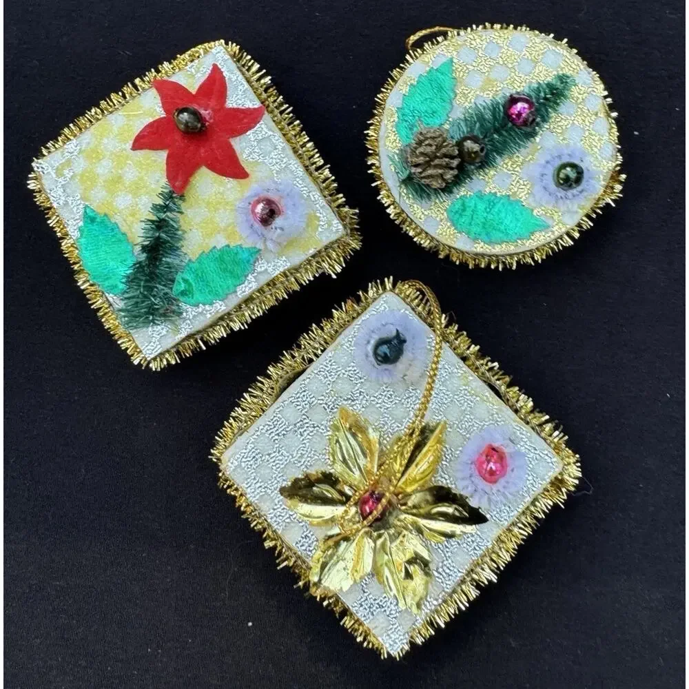 3 Vintage Japan Mercury Glass Chenille Tinsel on Foam Foil Ornament -LO2